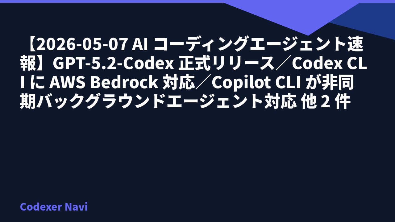 【2026-05-07 AI コーディングエージェント速報】GPT-5.2-Codex 正式リリース／Codex CLI に AWS Bedrock 対応／Copilot CLI が非同期バックグラウンドエージェント対応 他 2 件
